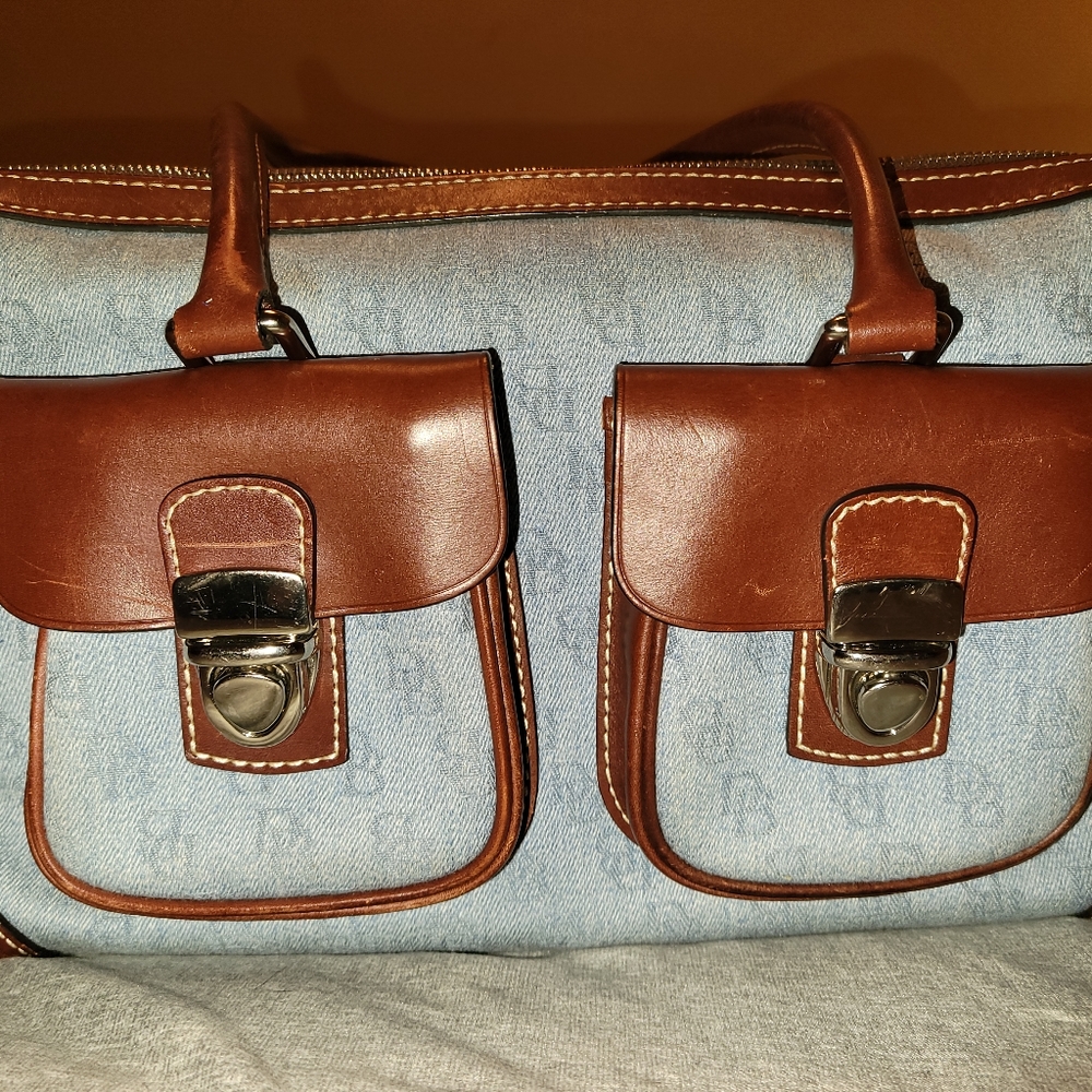 Dooney and Bourke Satchel Handbag Blue Denim Canvas Brown Leather Trim